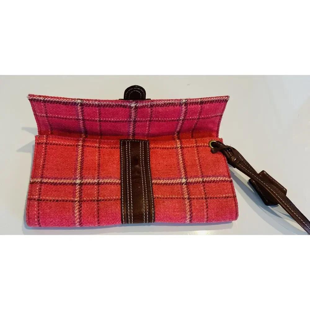 J Crew Wool Leather Plaid Pink Brown Wristlet Wallet Preppy Career Locket